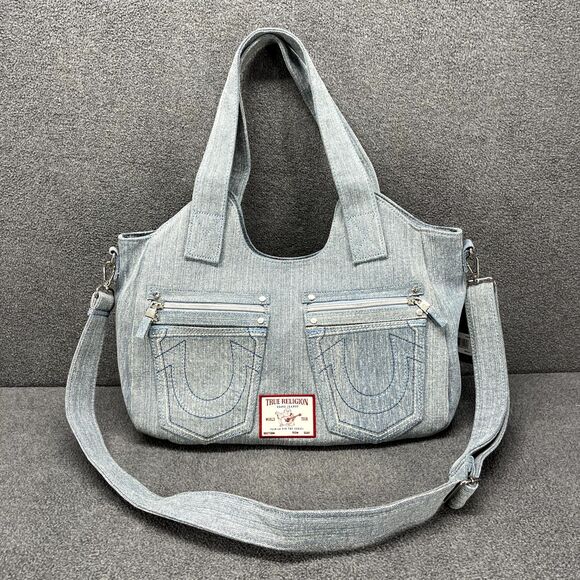 True Religion Handbags - TRUE RELIGION Denim Pocket Horseshoe Logo Shoulder Crossbody Bag Light Blue